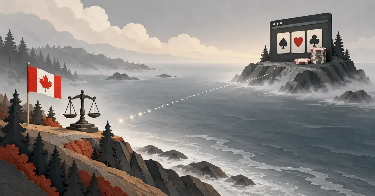 A Canadian flag and scales of justice face an online casino on an offshore island across a misty channel, illustrating the legal grey area of offshore gambling in Canada.