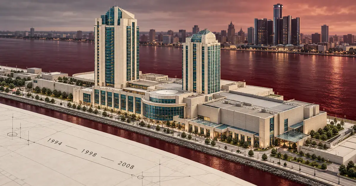 Architectural illustration of Caesars Windsor beside the Detroit River, with Detroit’s skyline in the background and the milestone years 1994, 1998 and 2008 in the foreground.