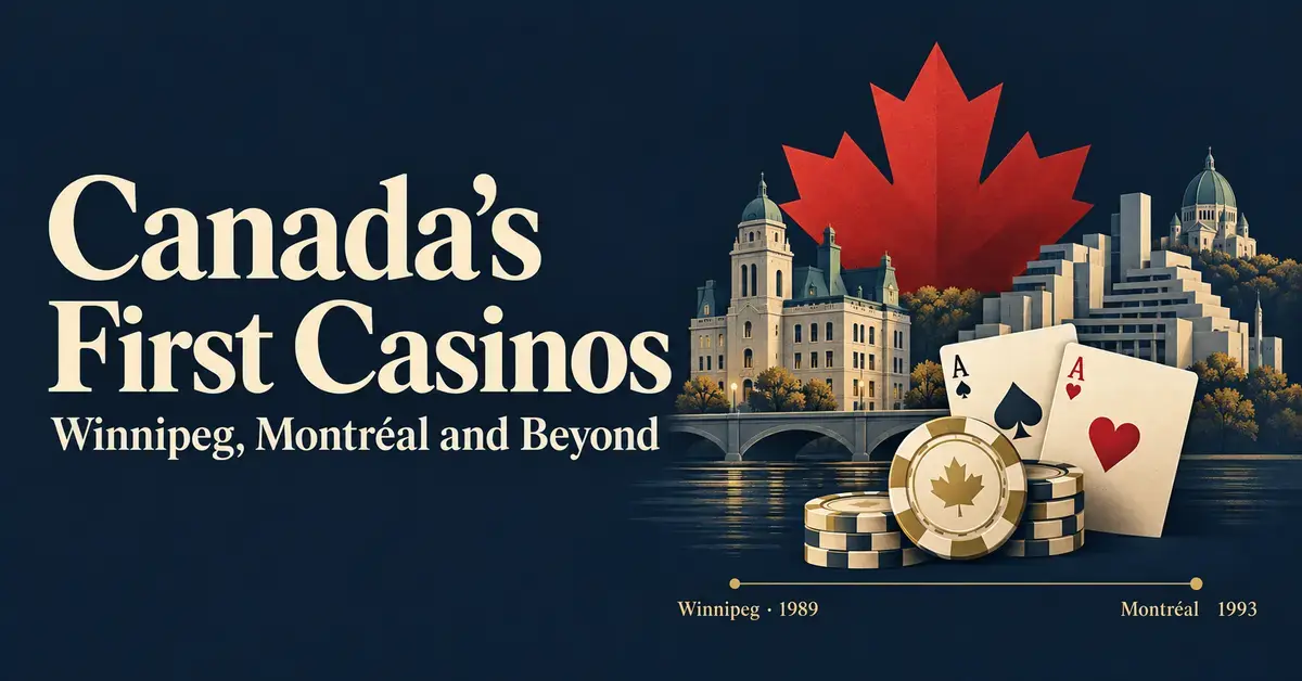 Illustration of Canadian architecture, a red maple leaf, playing cards and casino chips beside the title “Canada’s First Casinos”, with Winnipeg dated 1989 and Montréal dated 1993.