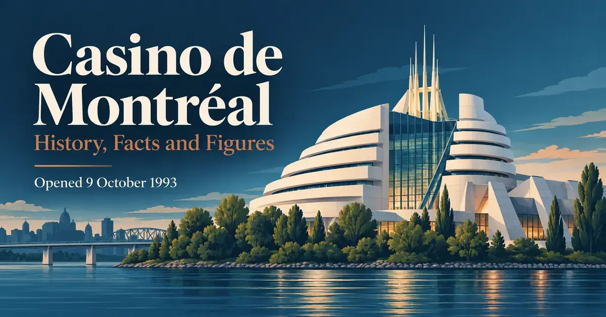 Stylized illustration of Casino de Montréal beside the river, with the article title “History, Facts and Figures” and its opening date of 9 October 1993.
