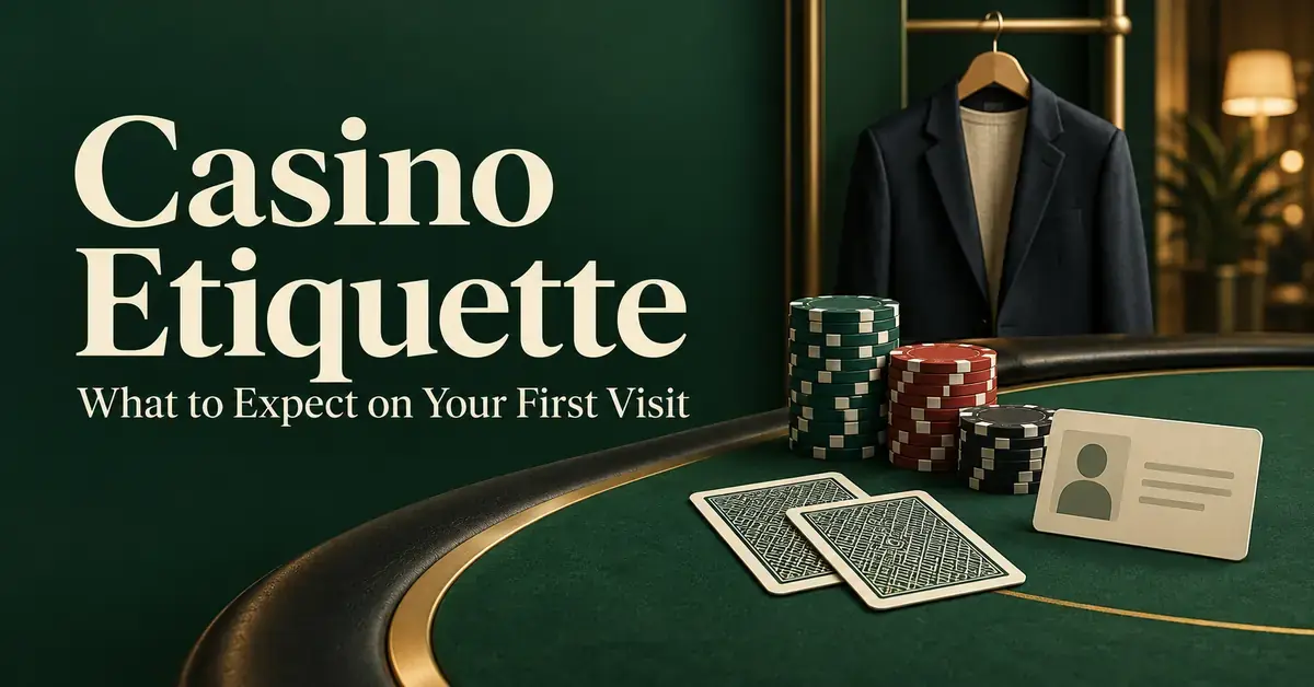 Casino etiquette graphic featuring chips, face-down playing cards, a generic photo ID and a smart-casual blazer beside the title “Casino Etiquette: What to Expect on Your First Visit”.