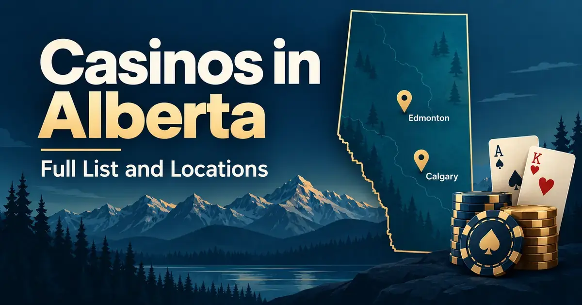 Illustrated Alberta casino guide featuring a map labelled Edmonton and Calgary, casino chips, playing cards and Rocky Mountains beneath the title “Casinos in Alberta: Full List and Locations”.