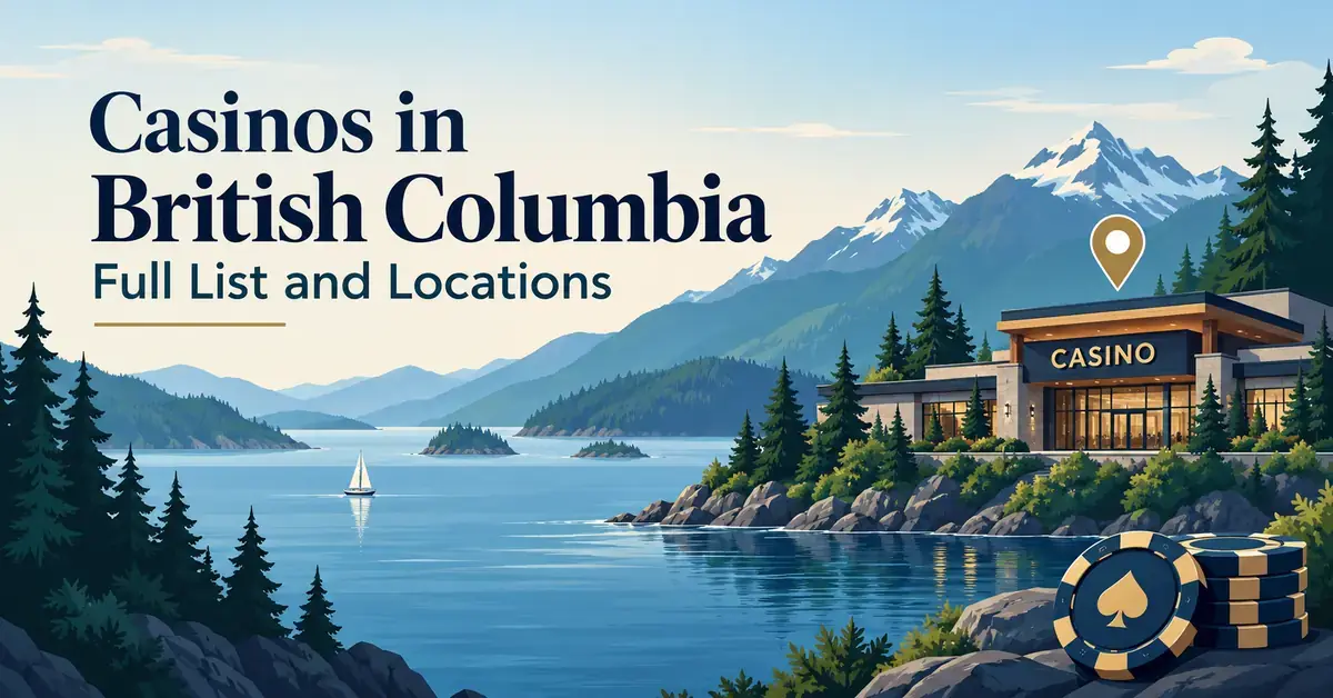 Illustration of a lakeside casino surrounded by British Columbia mountains and evergreens, with casino chips, a location pin and the title “Casinos in British Columbia: Full List and Locations”.