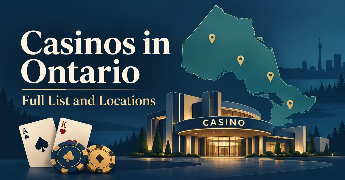 Illustration of an Ontario map with location pins, a casino building, playing cards and chips beside the title “Casinos in Ontario: Full List and Locations”.