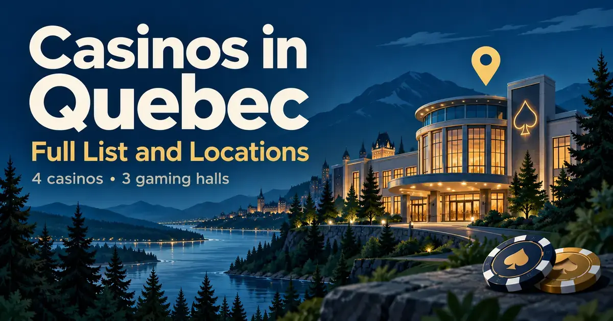 Illustration of a casino beside a river and forested mountains, with a location pin and text introducing Quebec’s four casinos and three gaming halls.
