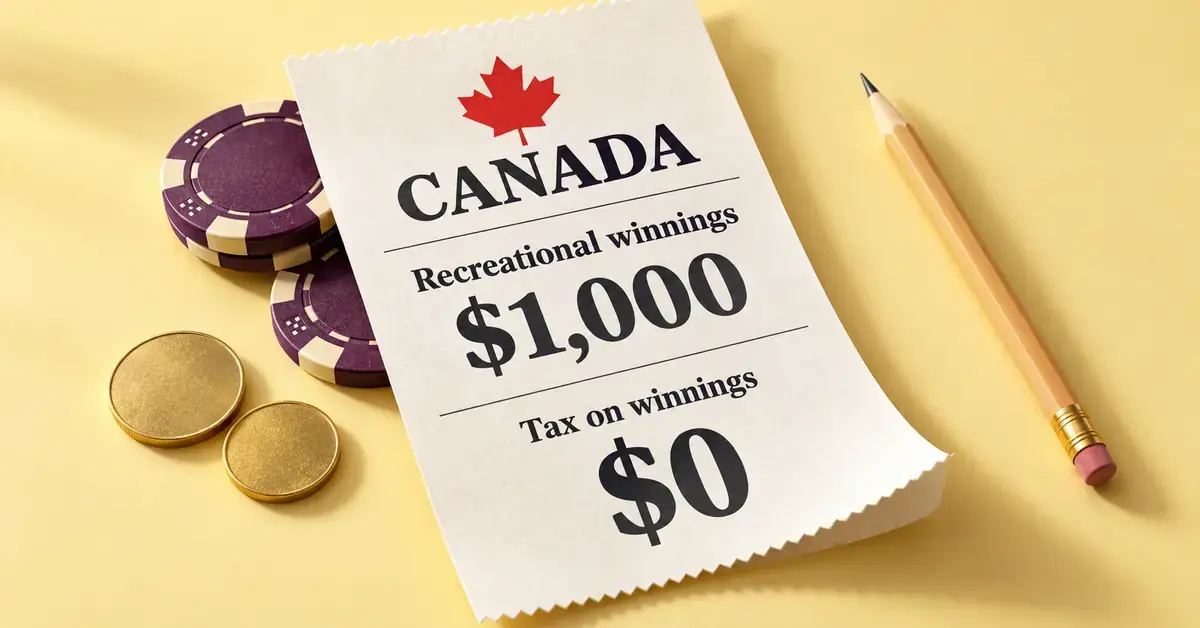 A Canadian winnings receipt shows $1,000 in recreational gambling winnings and $0 tax beside purple casino chips and gold coins on a pale yellow surface.