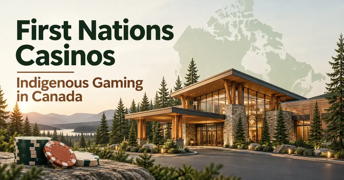 Editorial graphic of a modern casino among evergreen trees, gaming chips and a map of Canada, with the title “First Nations Casinos” and subtitle “Indigenous Gaming in Canada”.