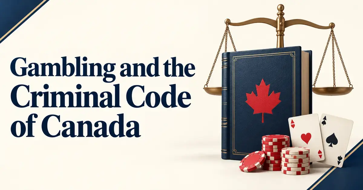 Scales of justice, a law book with a red maple leaf, casino chips and playing cards illustrate gambling and the Criminal Code of Canada.