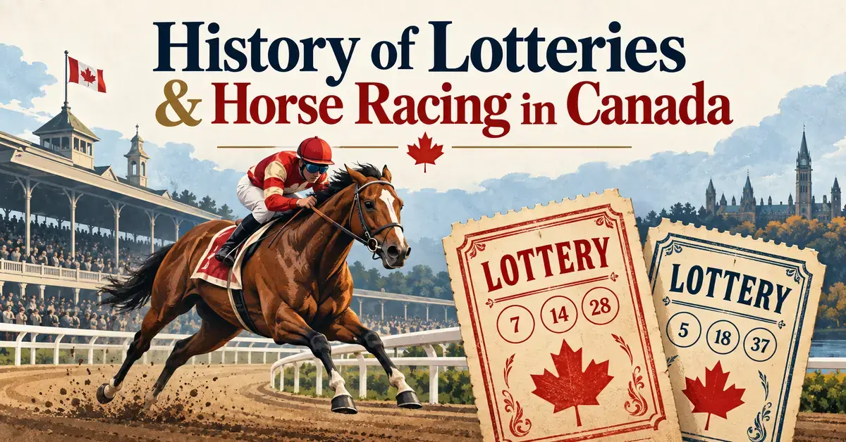 Illustration of a jockey riding a racehorse beside vintage lottery tickets and Canadian maple leaves, beneath the title History of Lotteries & Horse Racing in Canada.