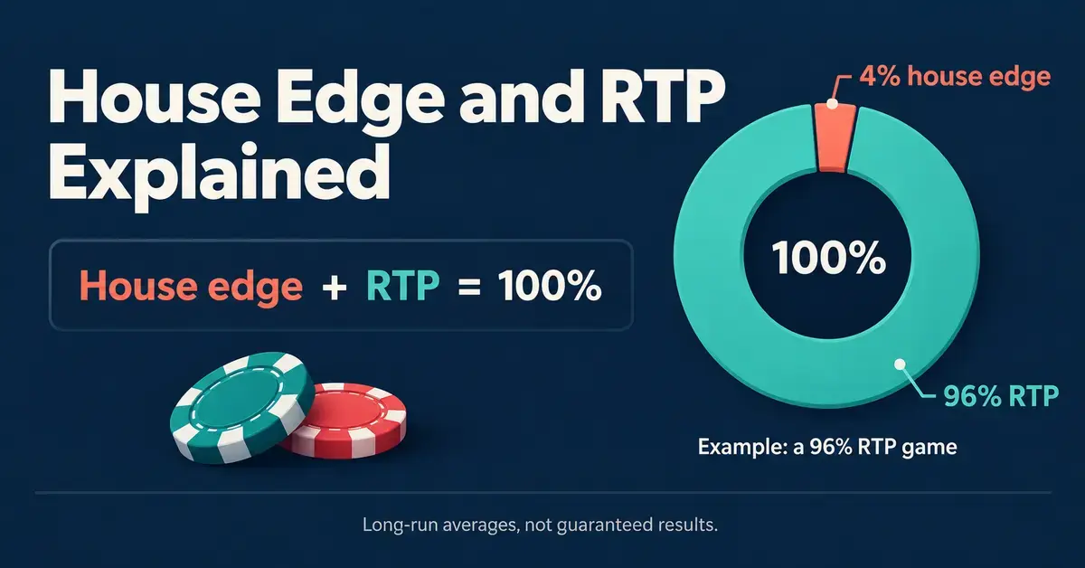 A doughnut chart shows how 96% RTP and a 4% house edge add up to 100%, with a reminder that these are long-run averages, not guaranteed results.