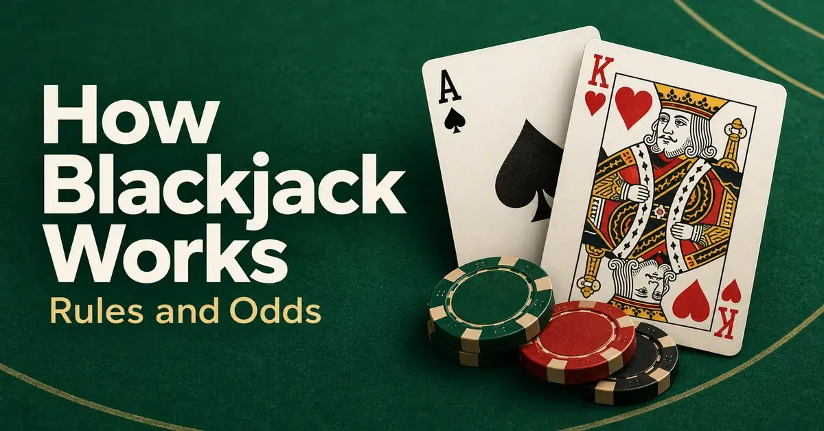 An ace of spades and king of hearts beside casino chips on a green table illustrate the article title, “How Blackjack Works: Rules and Odds”.
