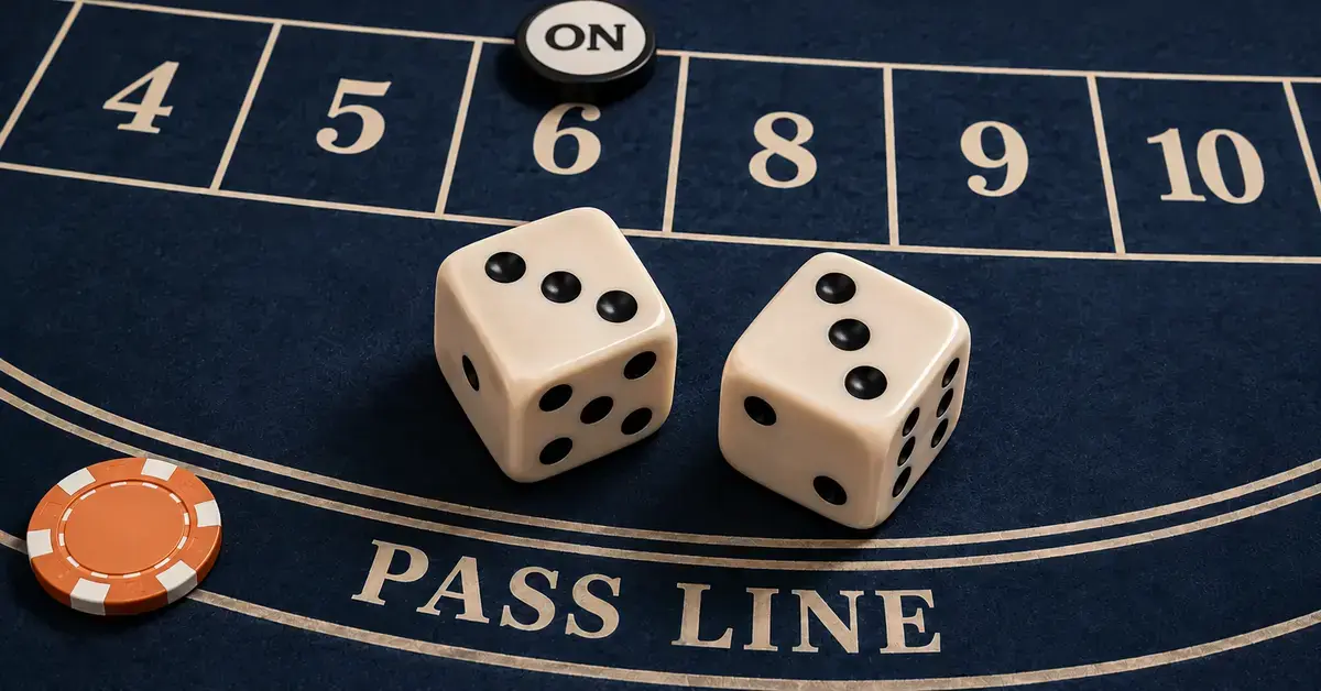 Two ivory dice show a total of six on an indigo craps table, with an ON puck marking six and an orange chip on the Pass Line.