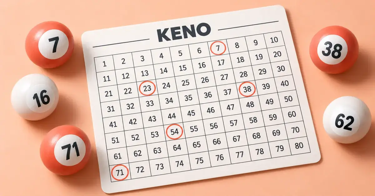 A keno ticket with an 80-number grid and five circled picks sits among numbered draw balls, with three balls matching the selected numbers.