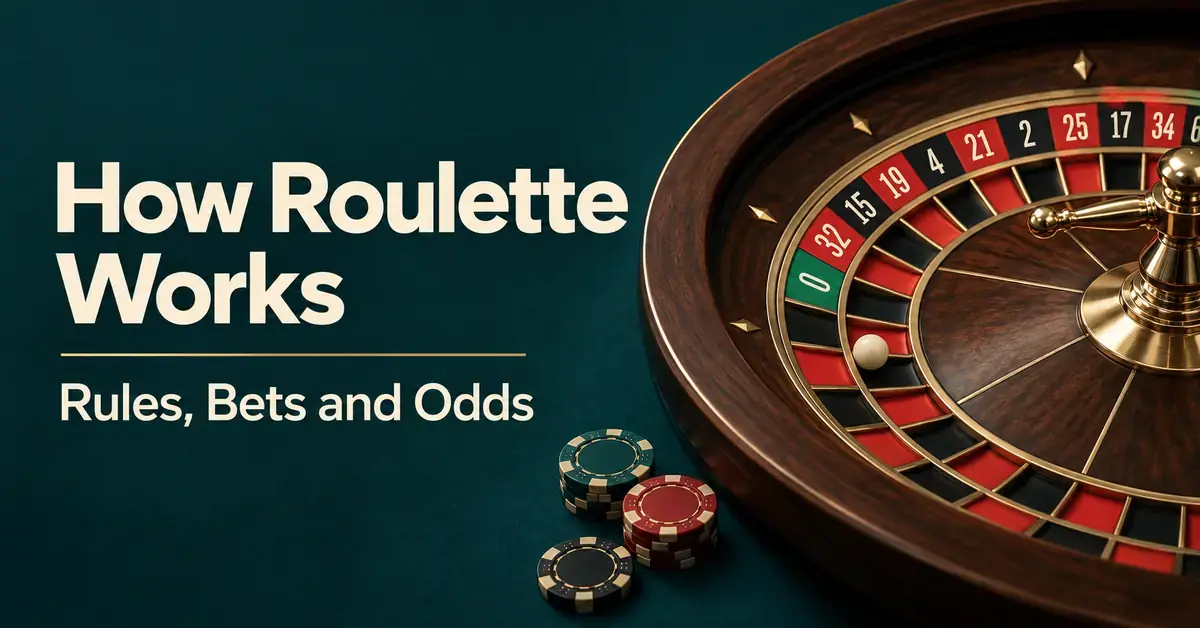 A roulette wheel with a green zero pocket, an ivory ball and casino chips beside the title “How Roulette Works: Rules, Bets and Odds”.