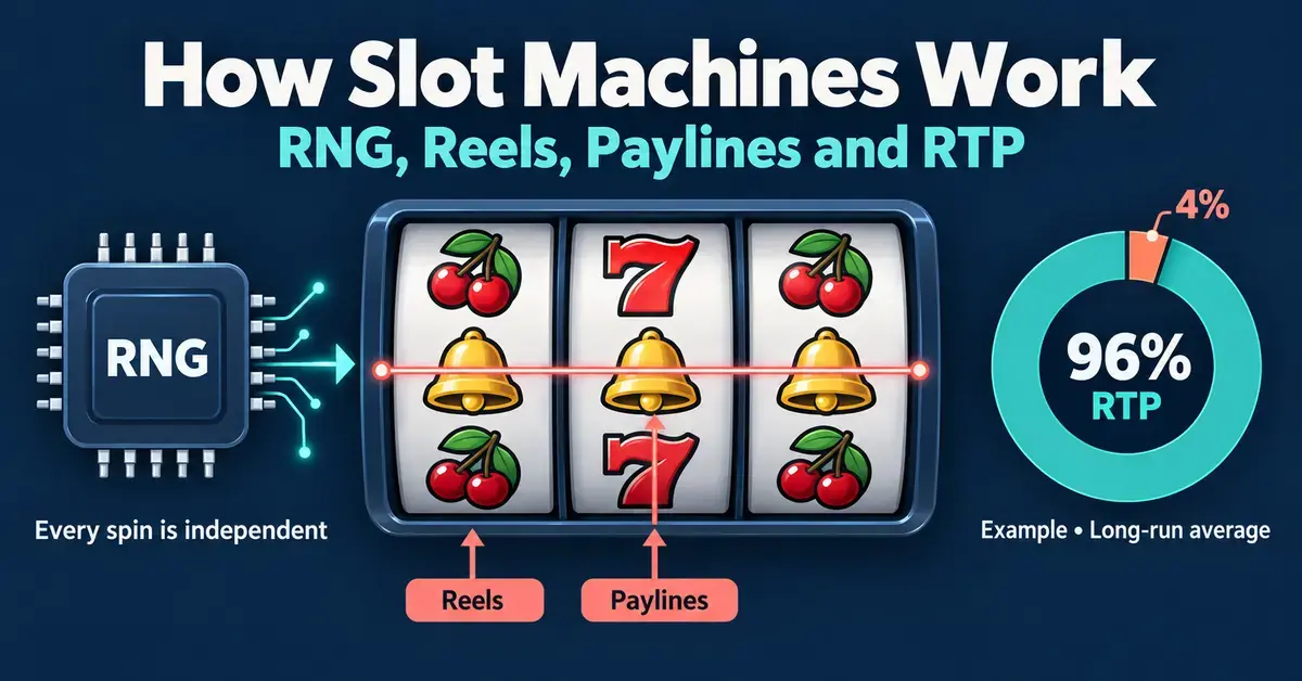 Graphic showing an RNG chip connected to slot machine reels, a highlighted payline, and an example of 96% RTP as a long-run average, with a reminder that every spin is independent.