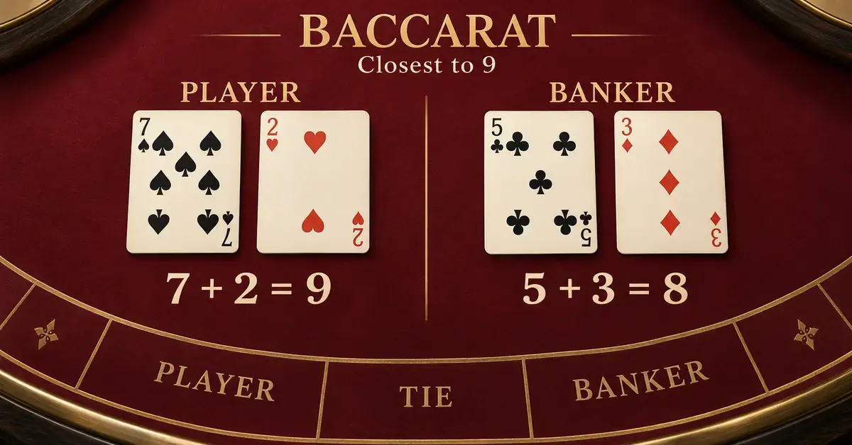 Illustration of a burgundy baccarat table showing a Player hand totalling 9, a Banker hand totalling 8, and the Player, Tie and Banker betting areas.