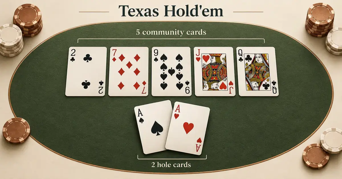 Texas Hold'em graphic showing five community cards and two ace hole cards on an olive poker table surrounded by copper and ivory chips.