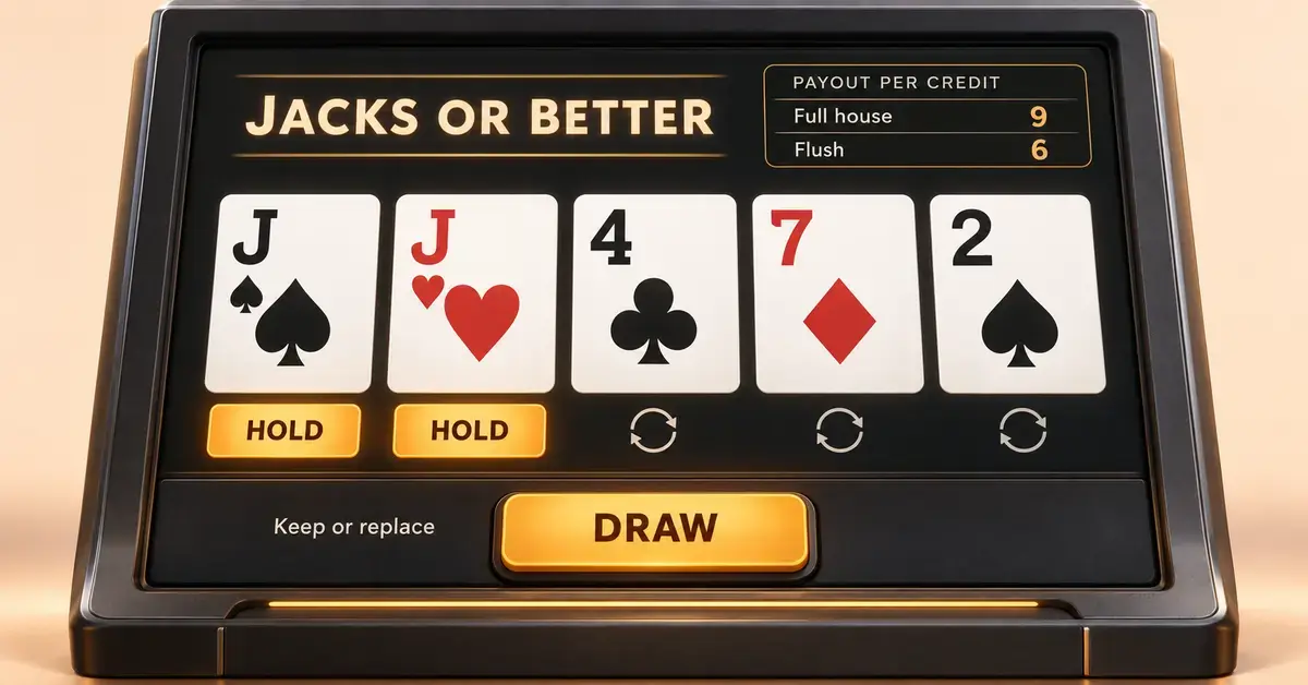 A video poker machine displays five cards with two jacks marked HOLD, replacement arrows beneath the other cards, a pay table excerpt and a DRAW button.