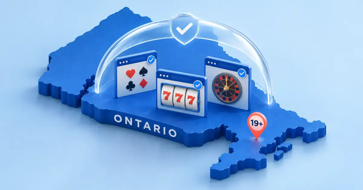 A blue map of Ontario supports online casino windows beneath a protective arch with a check mark, alongside a 19+ location pin representing the regulated market.