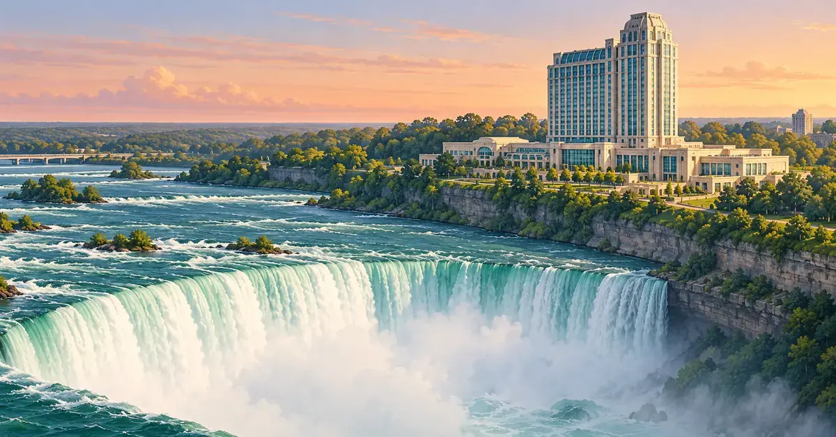 Stylised illustration of Niagara Fallsview Casino Resort overlooking the curving Horseshoe Falls, with jade water, rising mist and a peach morning sky.