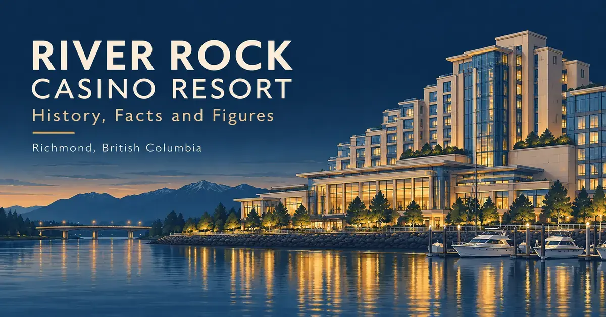 Stylized illustration of River Rock Casino Resort beside the Fraser River at dusk, with a marina and the title “River Rock Casino Resort: History, Facts and Figures”.
