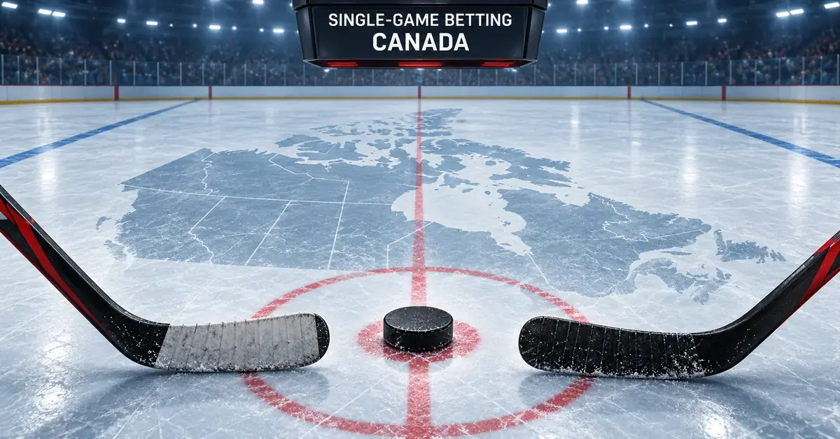 A hockey puck sits between two sticks on an ice rink featuring a map of Canada beneath a scoreboard reading “Single-Game Betting Canada”.