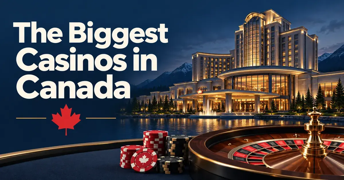 Graphic titled “The Biggest Casinos in Canada” featuring an illuminated casino resort, a roulette wheel, casino chips and a red maple leaf.