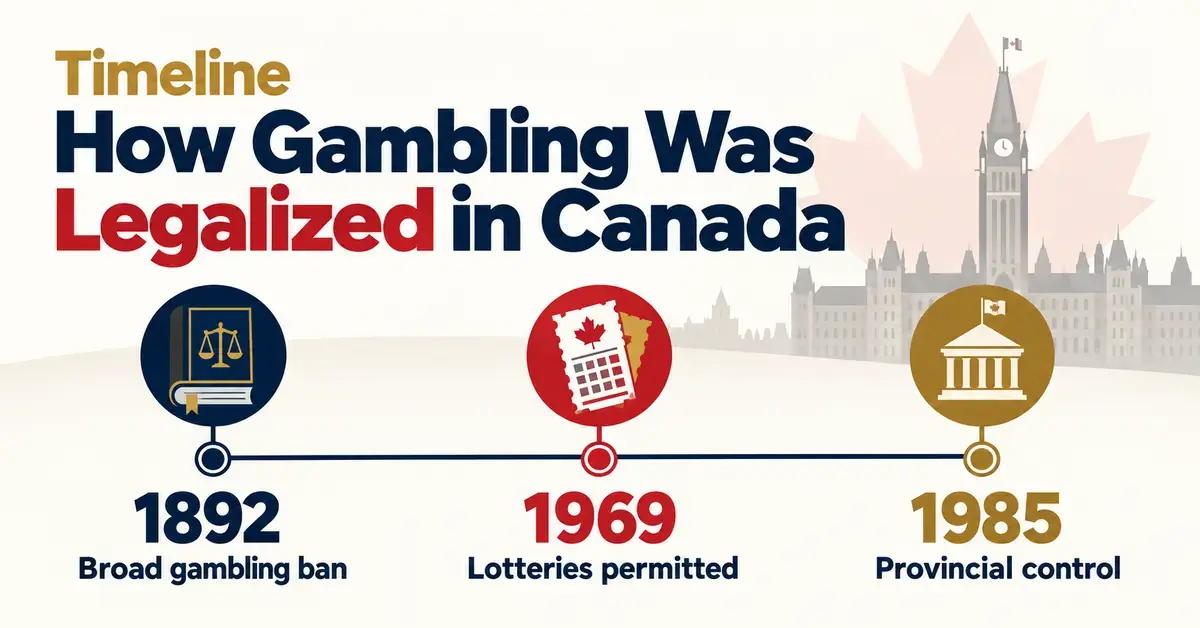 A timeline of gambling legalisation in Canada highlights the 1892 broad gambling ban, lotteries permitted in 1969, and provincial control in 1985, with law book, lottery ticket, and government icons.