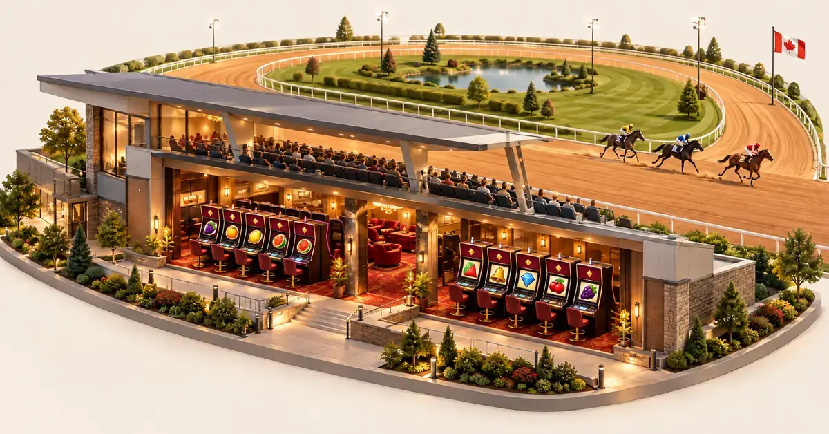 Cutaway illustration of a Canadian racino with slot machines beneath a grandstand and horses racing on the adjoining track.