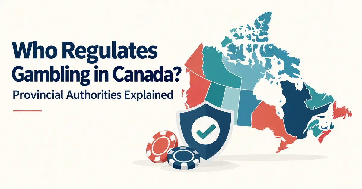 A stylized map of Canada with provincial boundaries, a shield with a check mark and casino chips accompanies the title “Who Regulates Gambling in Canada? Provincial Authorities Explained”.